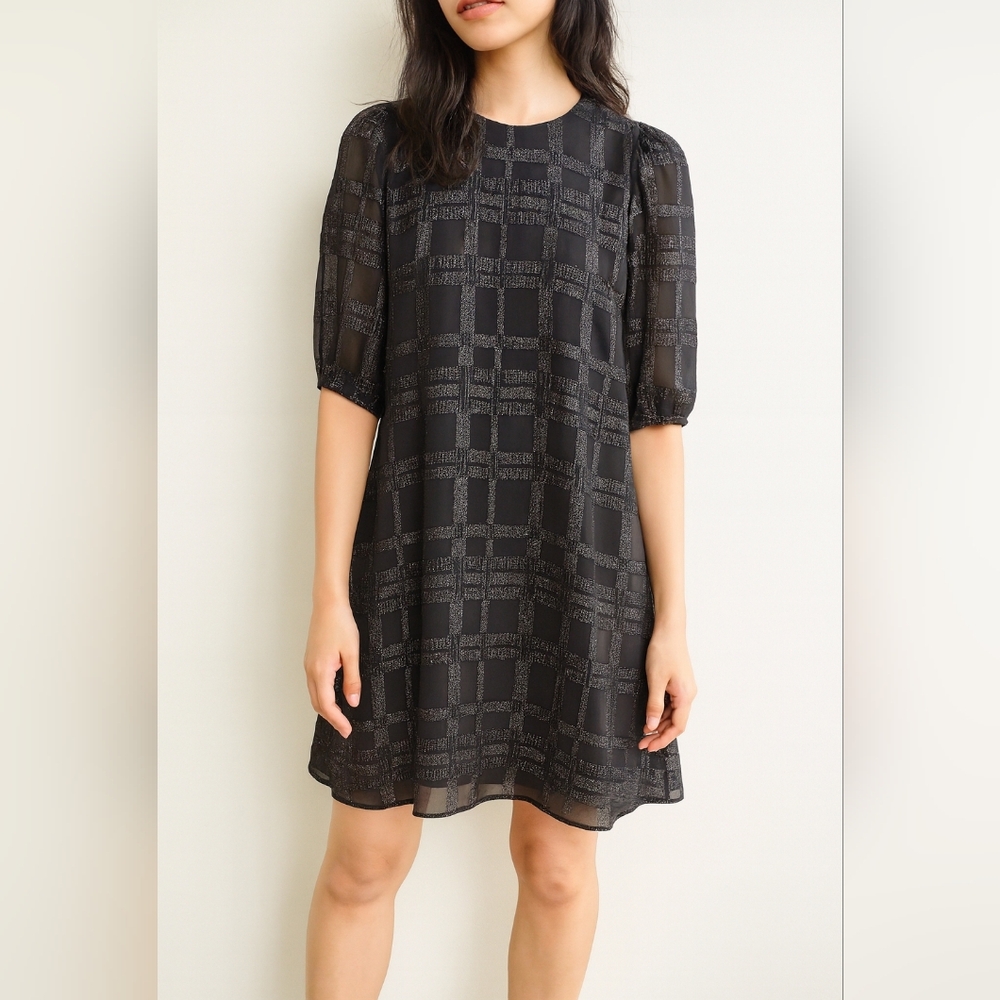 Calvin Klein Women’s Black Metallic Check Puff Sleeve Mini Dress Size 2